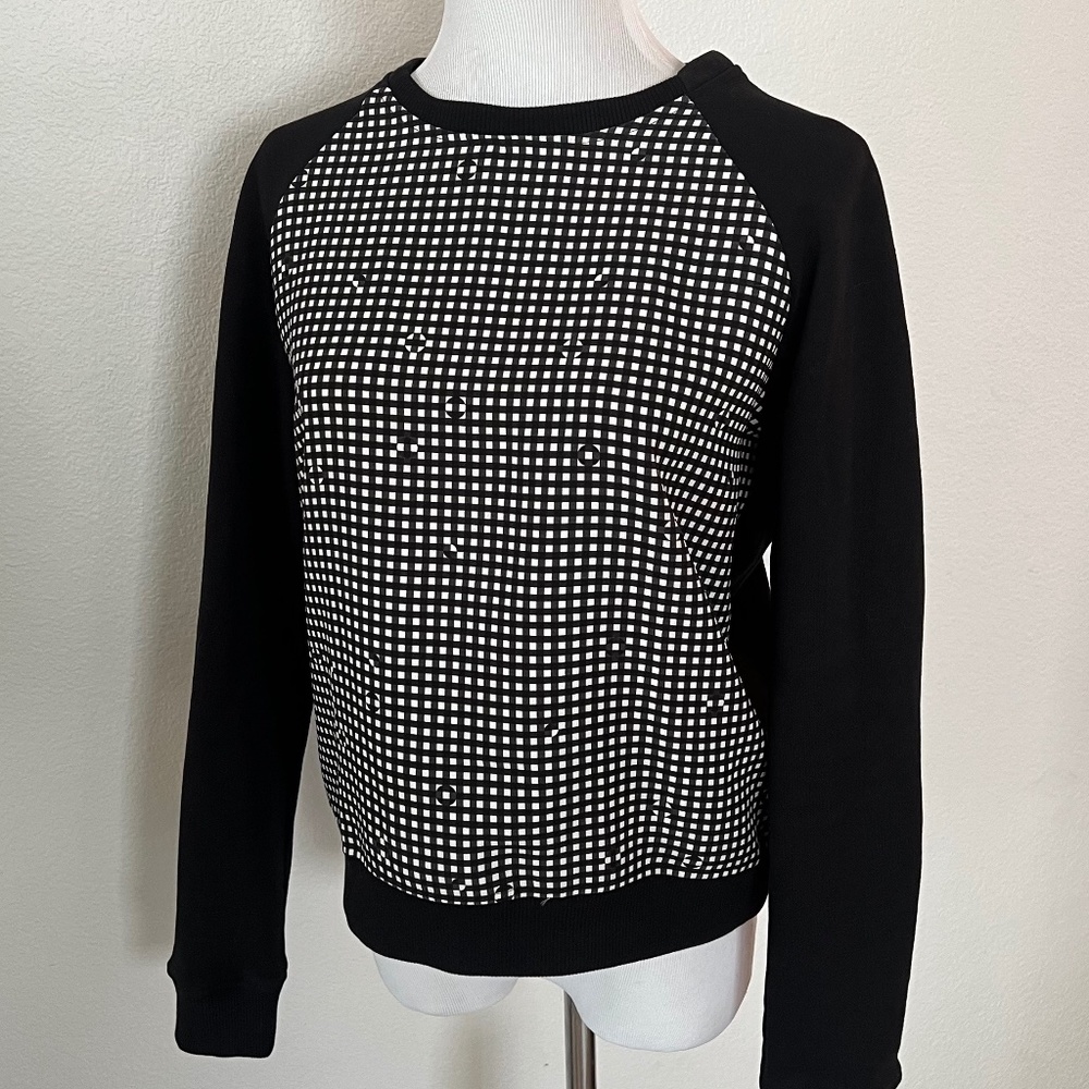 Carven Black Crewneck Sweater Sweatshirt Checkered Panel Size Medium Long Sleeve
